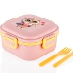 ATTRO Quick Bite Owl Love Lunch Box with 3 Compartment Fork & Spoon BPA Free Food Grade Ideal for Kids School, Picnic & Outdoor- 800ml Peach