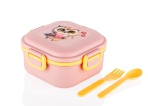 ATTRO Quick Bite Owl Love Lunch Box with 3 Compartment Fork & Spoon BPA Free Food Grade Ideal for Kids School, Picnic & Outdoor- 800ml Peach