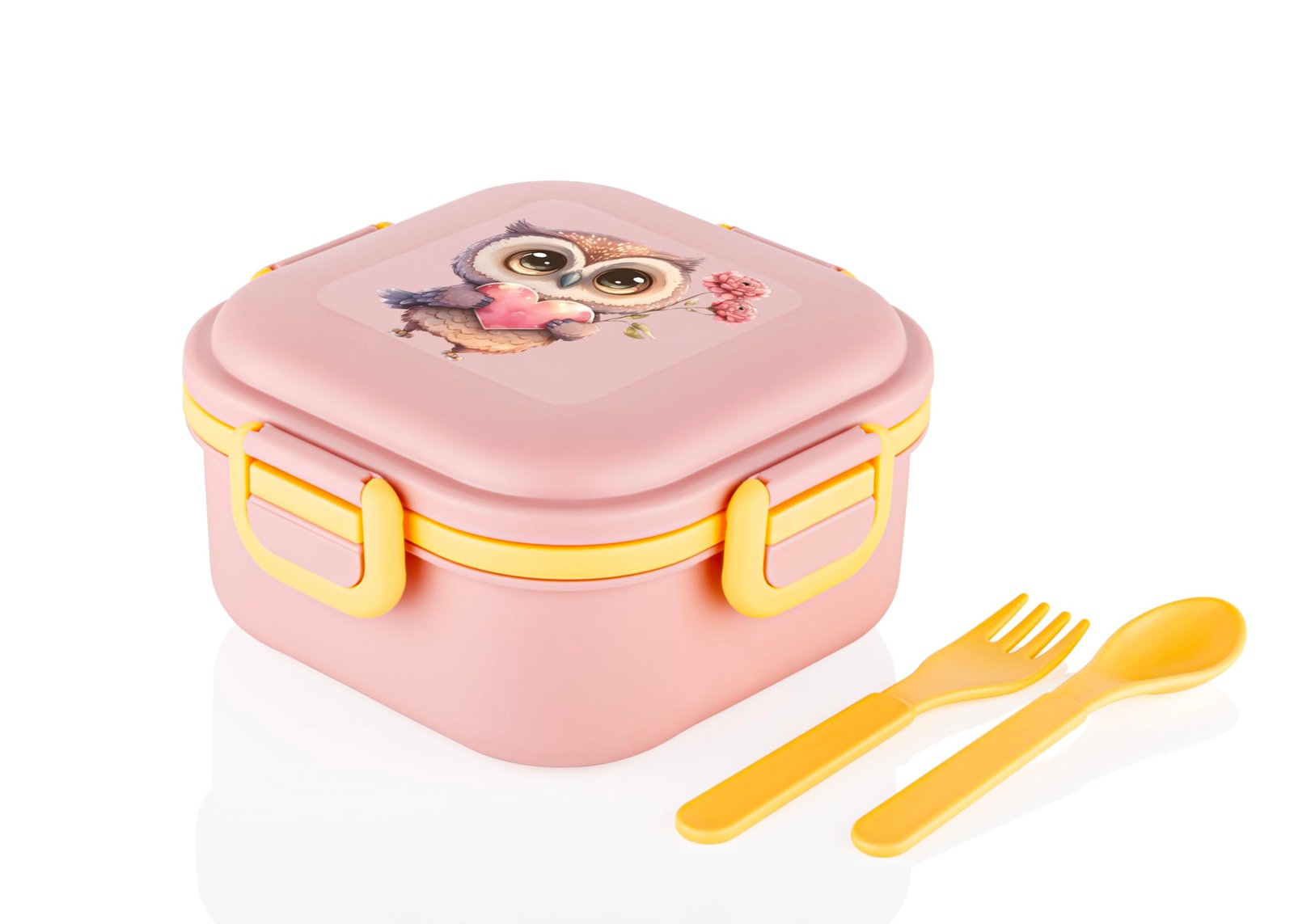ATTRO Quick Bite Owl Love Lunch Box with 3 Compartment Fork & Spoon BPA Free Food Grade Ideal for Kids School, Picnic & Outdoor- 800ml Peach