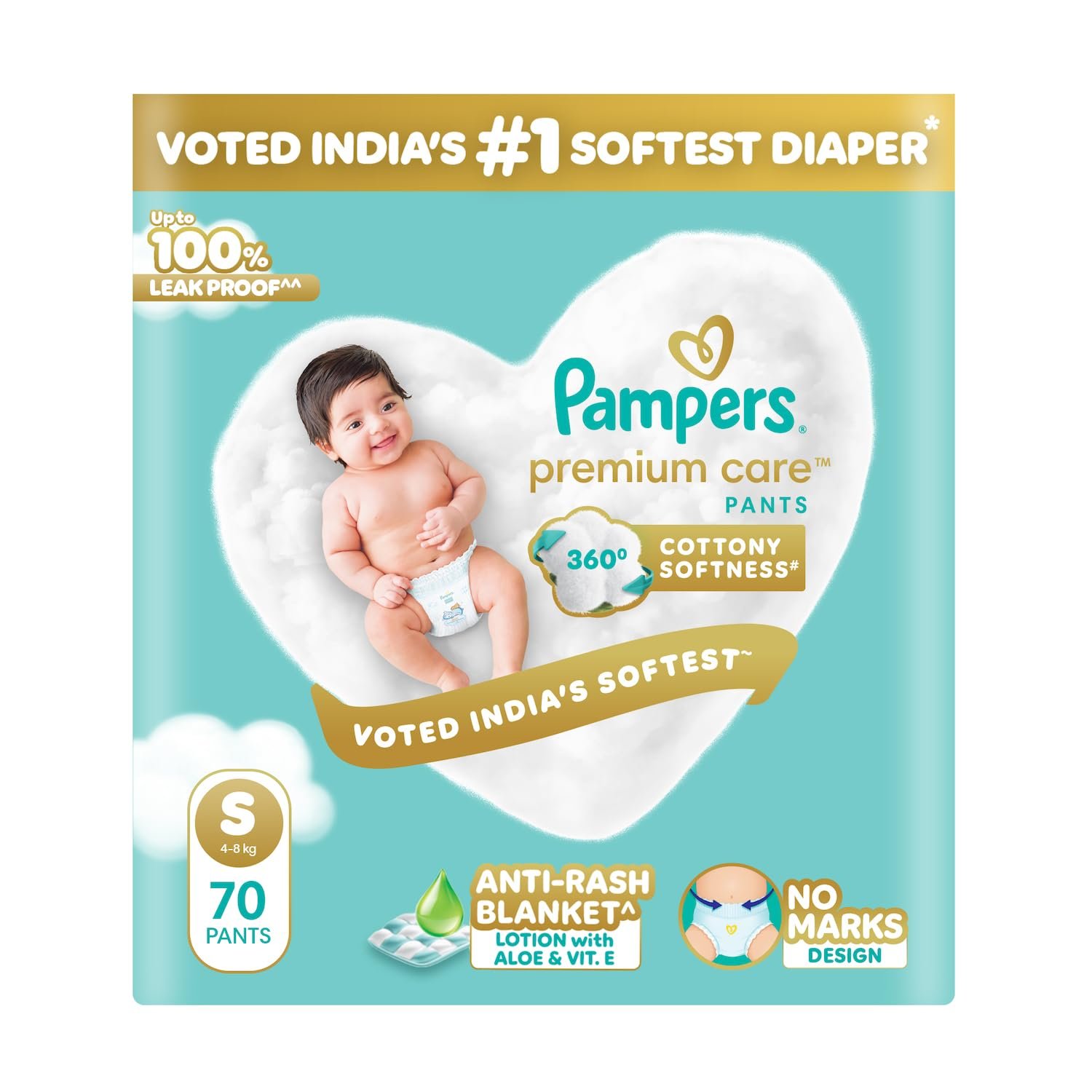 Pampers Premium Care Pant Style Baby Diapers S 70 Count | No Marks Design | Voted India’s #1 Softest Diaper | All in 1 diaper with 360 Cottony Softness