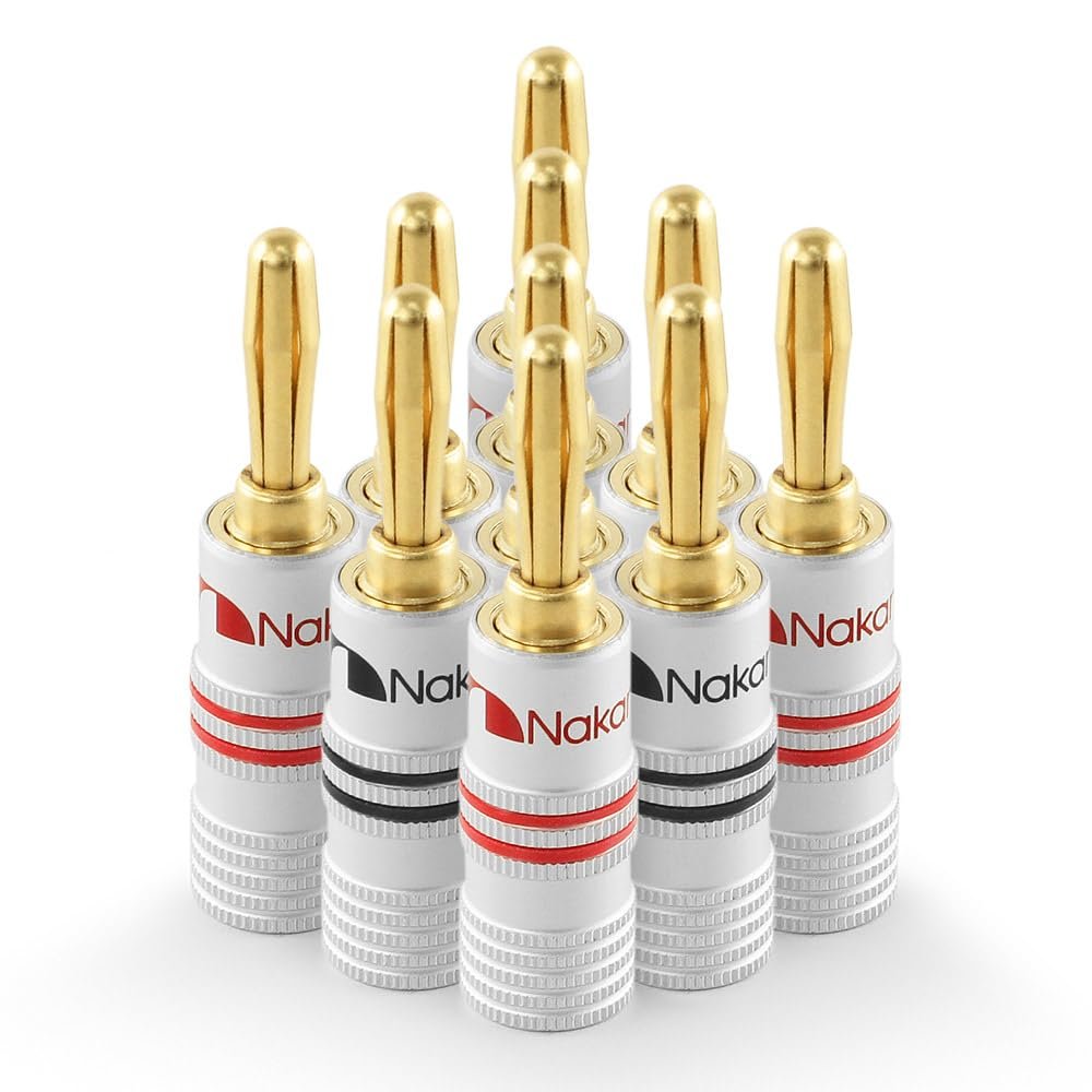 Nakamichi Excel Series 24k Gold Plated Banana Plug 12 AWG – 18 AWG Gauge Size 4mm for Speakers Amplifier Hi-Fi AV Receiver Stereo Home Theatre Audio Wire Cable Screw Connector 10 Pcs (5-Pairs)