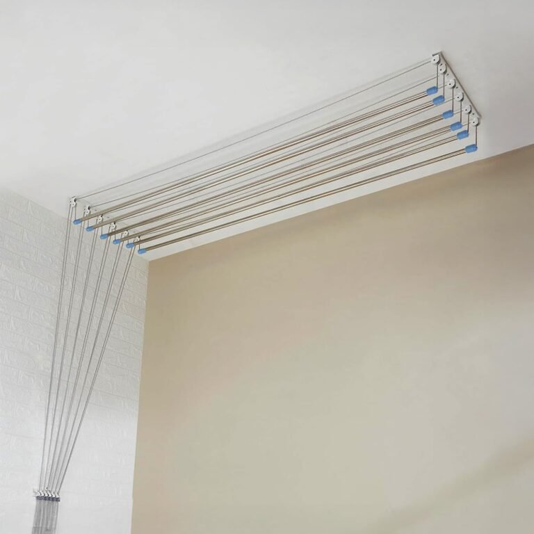 Amazon Basics Heavy-Duty Stainless Steel Ceiling Cloth Dryer (6 Pipes x 6 Feet) with UV-Protected Nylon Ropes – Balcony Clothes Drying Stand with Pulley Mechanism