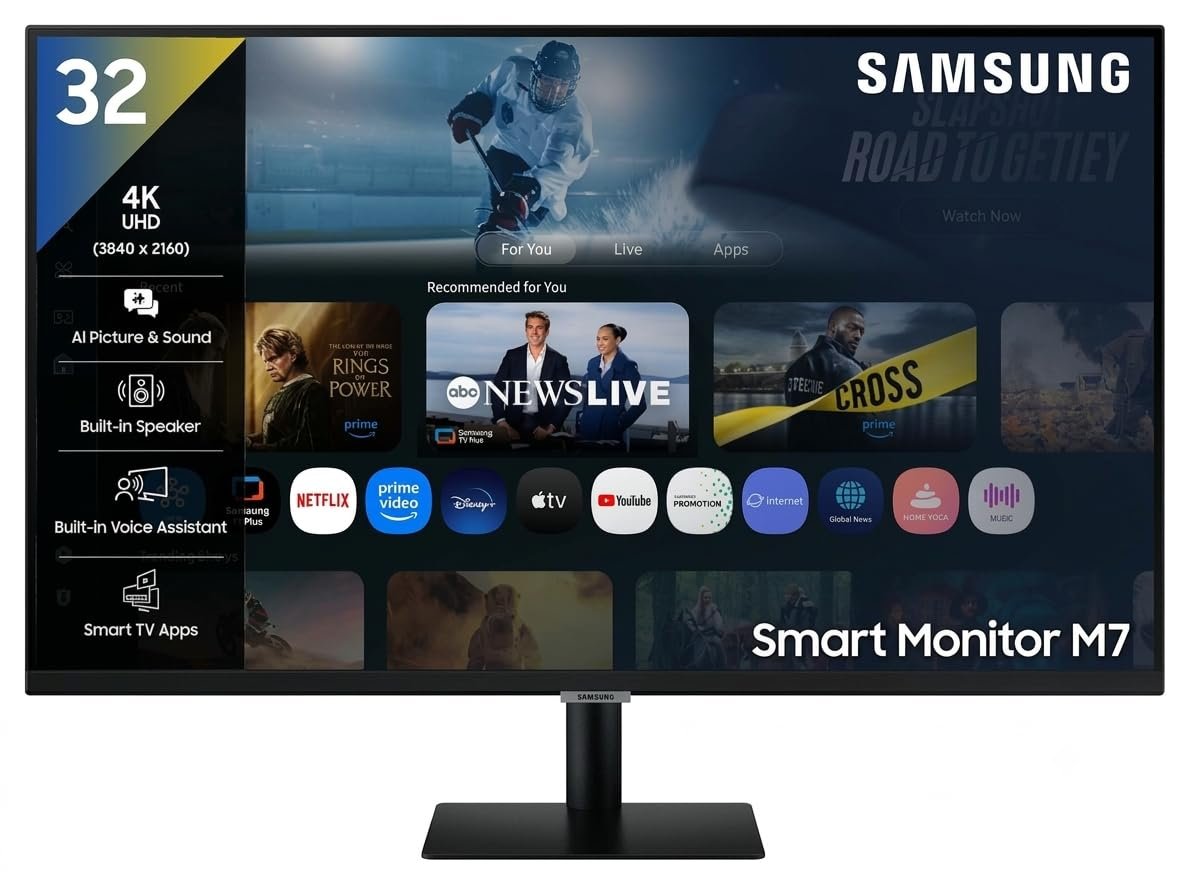 Samsung 32″ (80 cm) 4K M7 Vision AI Smart Monitor|UHD 3840 x 2160|Smart TV Experience with AI|Type-C|Apple AirPlay|Gaming Bar|Remote|Speakers|Wi-Fi|Bluetooth|AI Picture & Sound|LS32FM700UWXXL|Black
