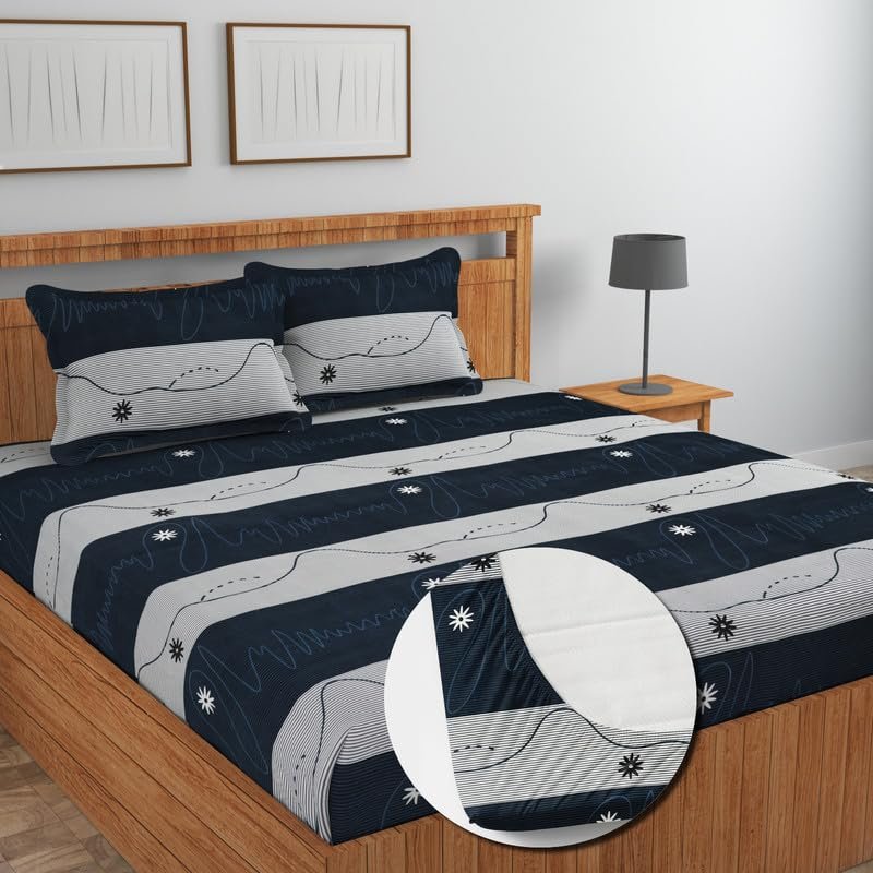 NEW LEAF Cotton Fitted King Bedsheets with 2 Pillow Covers | Elastic Fitted | Wrinklefree | Ultrasoft |Winter Bedsheet 200 to 220 tc Floral | 78×72+8 Inches, Striped Black & White