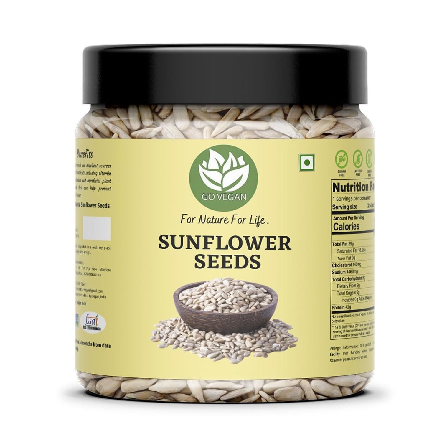 Go Vegan Sunflower Seeds 1kg – Raw Sunflower Seeds for Eating | Diet Food | Healthy Snack | Raw seeds | Weight management [jar pack ]