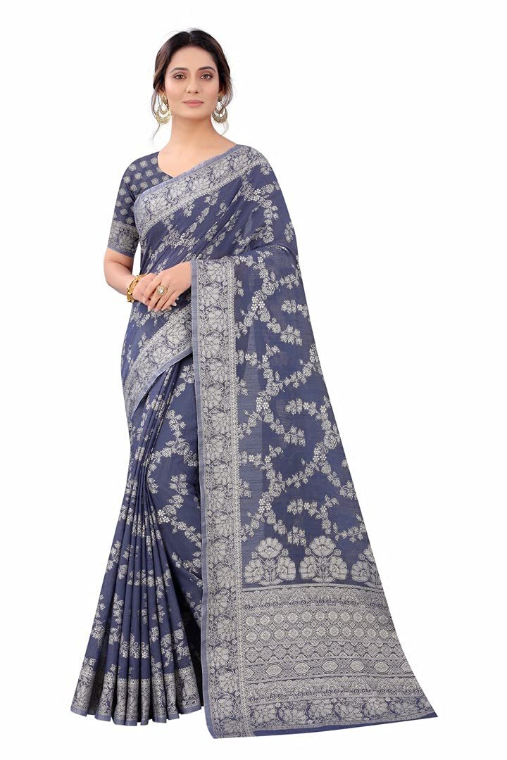 SWORNOF Women’s Lucknowi Chikankari Linen cotton Woven Sarees For Women with Blouse sarees for Women