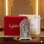 INTERNATIONAL GIFT Silver Plated Radha Krishna Chowki Idol Showpiece | ‘Congratulations’ Tag with Velvet Box & Carry Bag | Ideal for Diwali, Navratri, Pooja Mandir Gifts & Corporate Gifting
