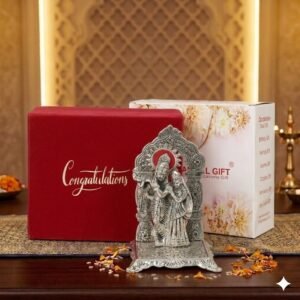 INTERNATIONAL GIFT Silver Plated Radha Krishna Chowki Idol Showpiece | ‘Congratulations’ Tag with Velvet Box & Carry Bag | Ideal for Diwali, Navratri, Pooja Mandir Gifts & Corporate Gifting