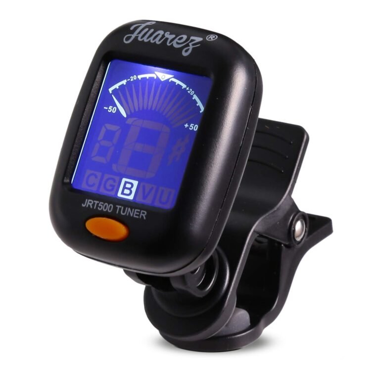 Juarez JRT500 Premium Clip-On Chromatic Tuner for Guitar, Bass, Violin & Ukulele – Digital LCD Screen with Dual Backlight, Portable & Accurate, CR2032 Button Battery Included