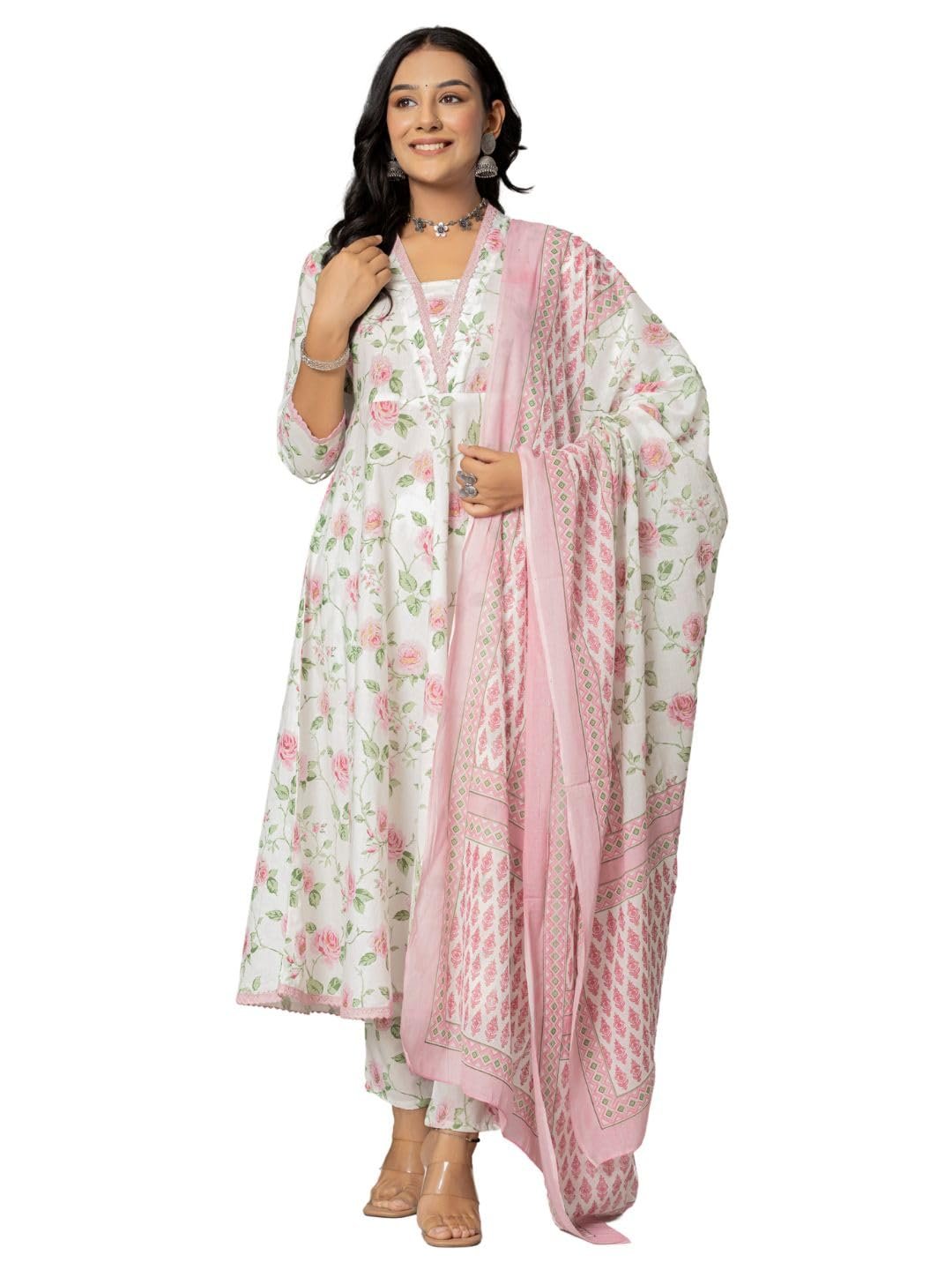 Amayra Women’s Cotton Printed Anarkali Kurta with Palazzo Pants and Dupatta