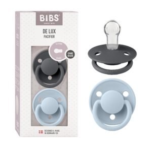 Bibs De Lux Silicone Baby Pacifier – Round & Soft Nipple, Gentle Shield Prevents Skin Irritation & Moisture Buildup, 100% Food Grade, BPA Free Soother, 0-3 Years, Pack of 2, Iron & Baby Blue
