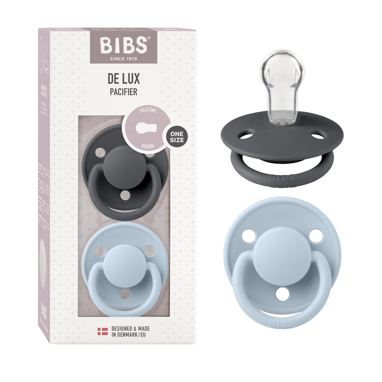 Bibs De Lux Silicone Baby Pacifier – Round & Soft Nipple, Gentle Shield Prevents Skin Irritation & Moisture Buildup, 100% Food Grade, BPA Free Soother, 0-3 Years, Pack of 2, Iron & Baby Blue