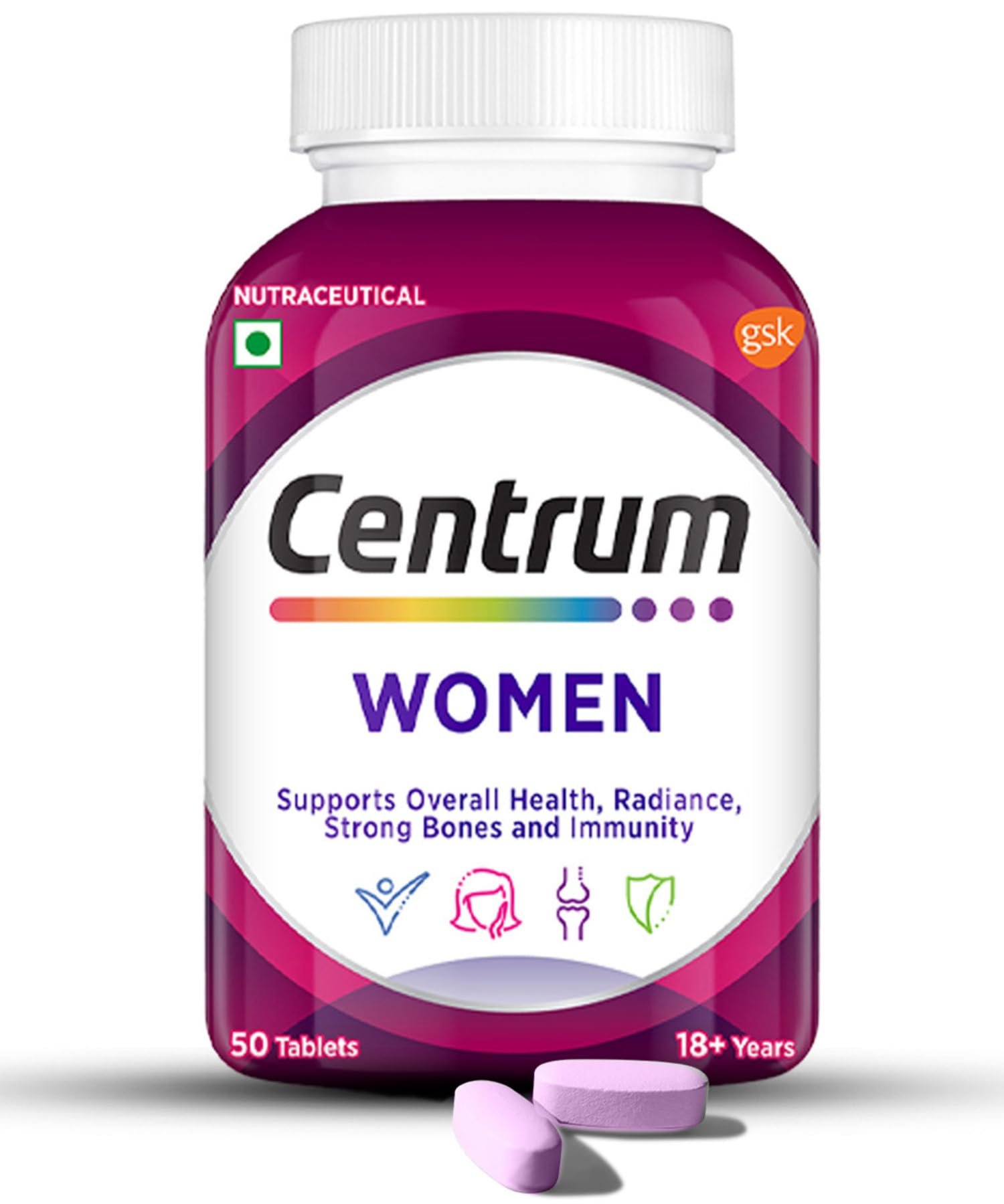 Centrum Women -Multivitamin Tablet for Women|With 23 Vital Nutrients including Zinc,Magnesium,Vitamin B,C,D, Calcium for Energy, Immunity,Radiance,Strong Bones and Overall Health|Veg – 50 tablets