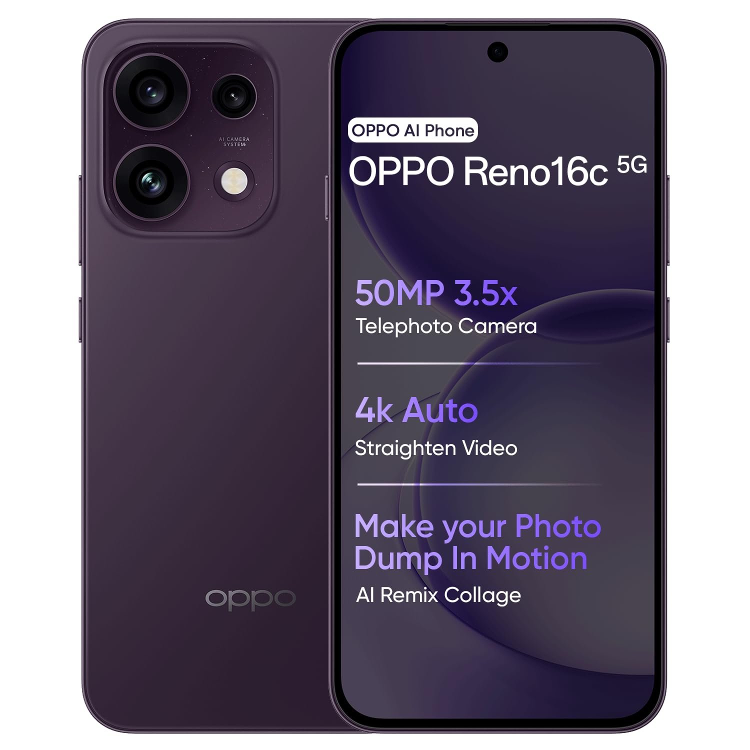 OPPO Reno16C 5G Smartphone 8GB+256GB Violet with No Cost EMI