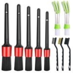 Nurkul 11-Piece Auto Detailing Set, Boar Bristle Brushes, Steel Wire and A/C Brushes, Soft Red Bristles, Wooden Handles for Interior and Exterior Cleaning