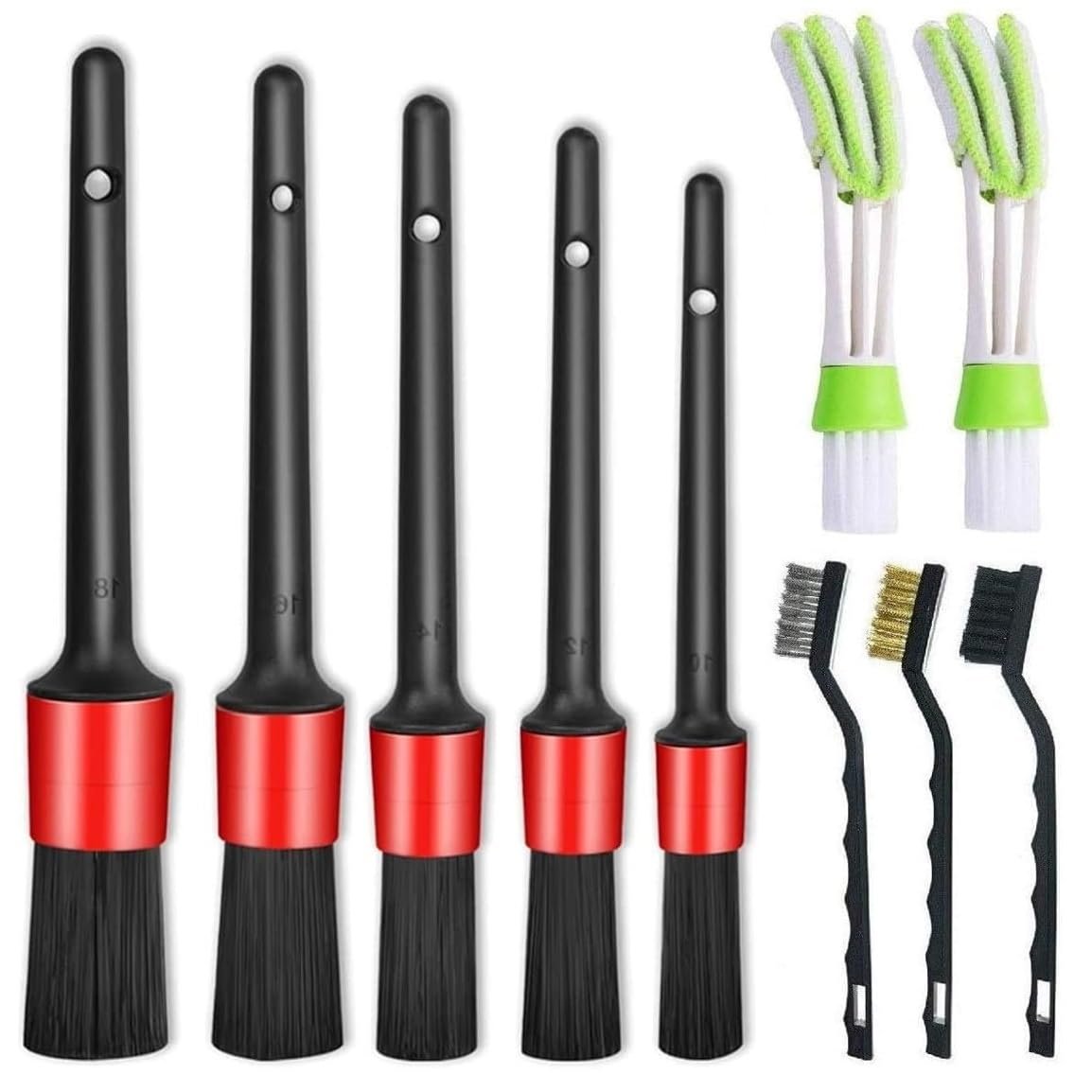 Nurkul 11-Piece Auto Detailing Set, Boar Bristle Brushes, Steel Wire and A/C Brushes, Soft Red Bristles, Wooden Handles for Interior and Exterior Cleaning