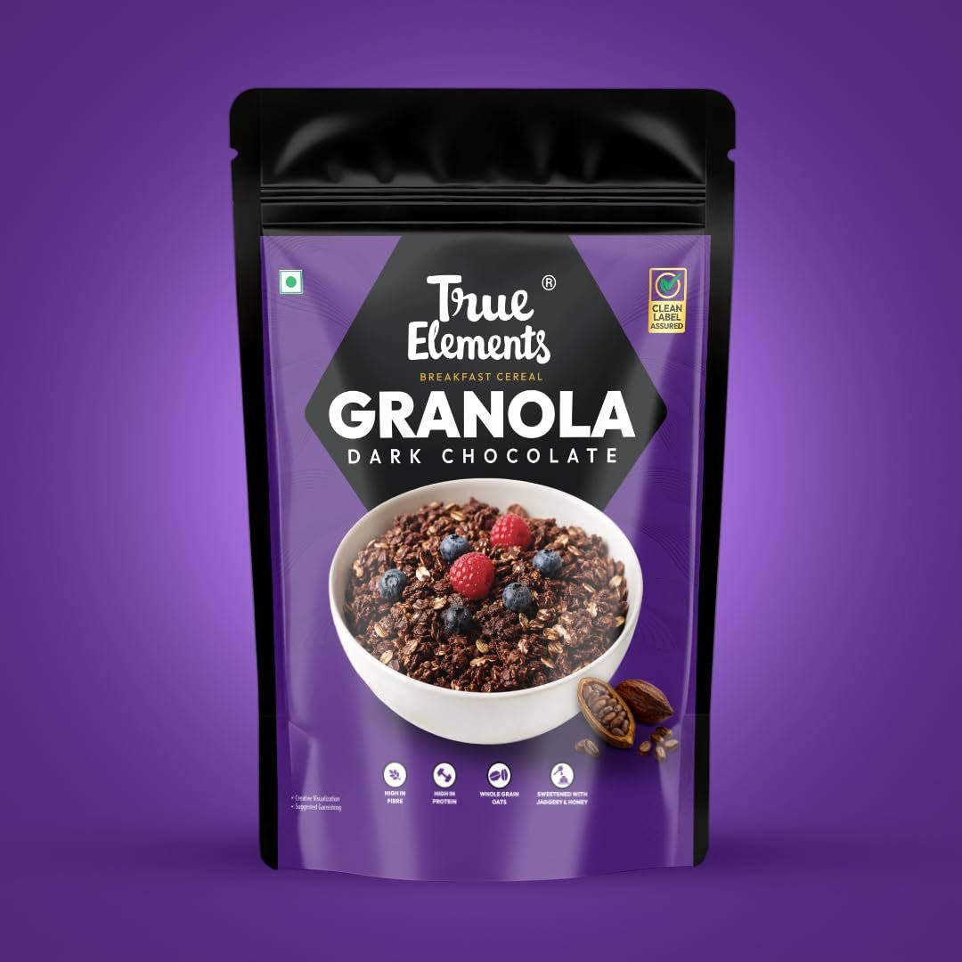 True Elements Granola Dark Chocolate 400g – Baked Granola | Almonds, Berries & Dark Chocolate | Granola for Breakfast | High Fibre Cereal | Diet Snack