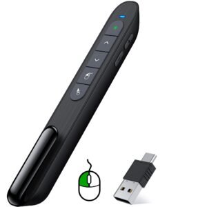DinoFire Air Mouse Green Light Presentation Remote Control USB Rechargeable Presentation Clicker Wireless Presenter RF 2.4 GHz Powerpoint Clicker Slide Advancer Changer‚ Pointer Mac/Laptop/Computer