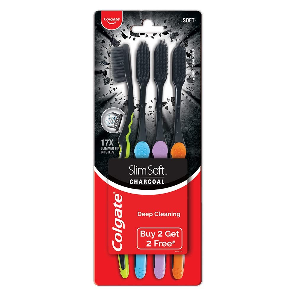 Colgate SlimSoft Charcoal Toothbrush Set of 4 | Soft Bristles | Deep Cleaning