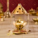 Borosil Medium Size Akhand Diya Decorative Brass Glass Oil Lamp | Tea Light Holder | Diya with Borosilicate Glass | Puja Dia for Mandir | Lantern with Cover