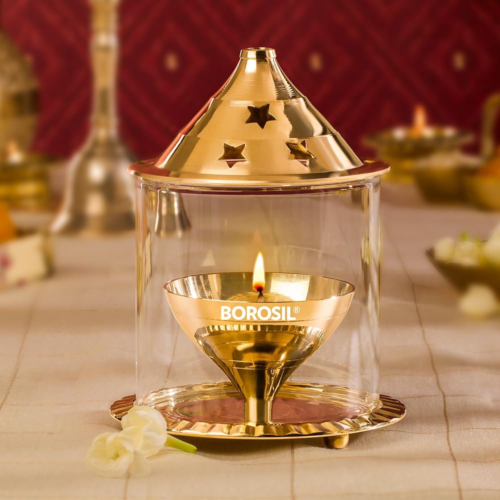 Borosil Medium Size Akhand Diya Decorative Brass Glass Oil Lamp | Tea Light Holder | Diya with Borosilicate Glass | Puja Dia for Mandir | Lantern with Cover