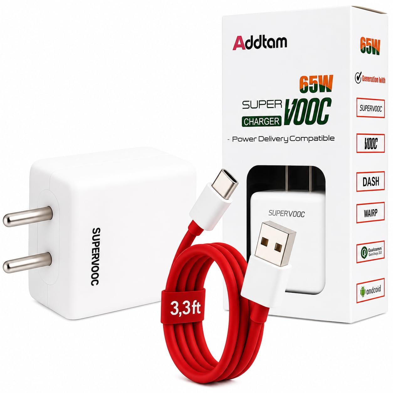 Addtam 65W Super-Fast Charger Adapter Type C to USB-A Cable Combo Compatible with Oneplus, Realme, Oppo, Vivo, Samsung, Xiaomi, Redmi, Tecno, Lava| Supports Dart/Dash/Warp/SuperVooc|65-watt Charging