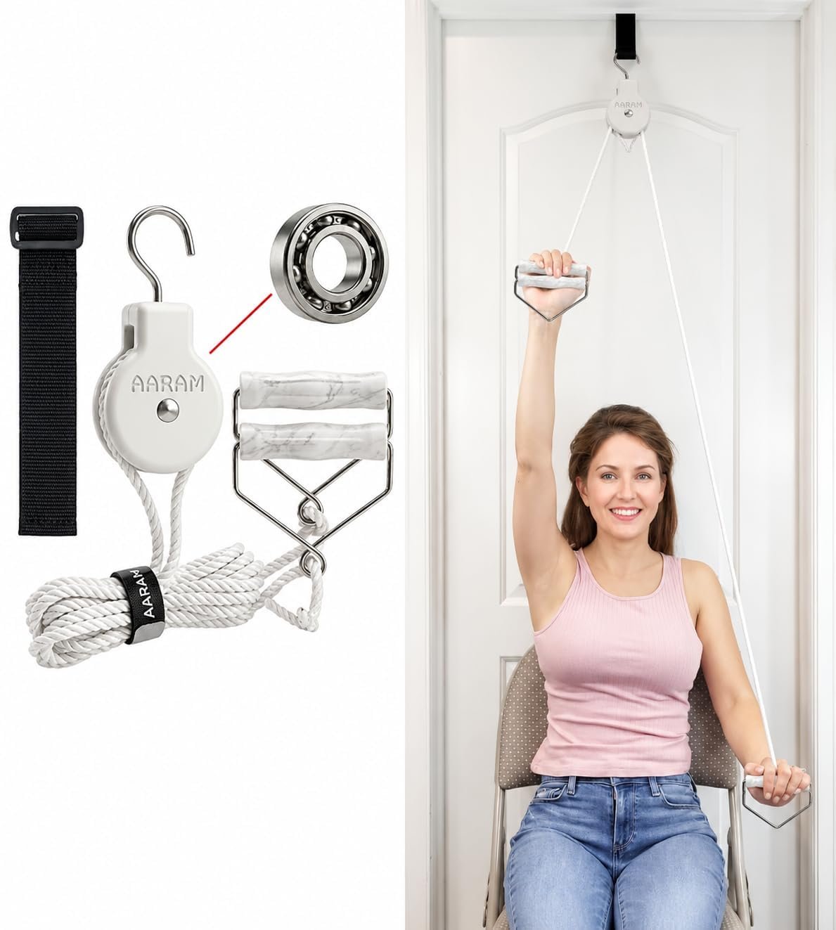 AARAM RP-03 Shoulder Pulley for Physiotherapy with Ball Bearing, Steel Hook, Twisted Rope & Ergonomic Handle | Pulley for Exercise — Frozen Shoulder, Rotator Cuff & Paralysis Recovery | Home Physiotherapy