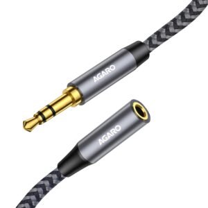 AGARO 3.5mm Aux Male to Female Extension Cable, Audio Cable with Microphone Gold Plated Jack Nylon Braided for Car, Media Player & More 1.8 Meter (5.9 Ft), Silver & Black, (33668)