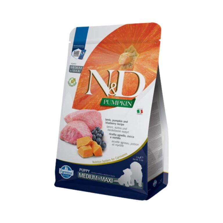 N&D FARMINA PET FOODS Pumpkin Dry Dog Pet Food, Grain-Free, Puppy Medium & Maxi Breed, 2.5-Kg, Lamb and Blueberry.