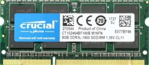 Crucial 8GB Single DDR3/DDR3L 1600 MT/S (PC3-12800) Unbuffered SODIMM 204-Pin Memory – CT102464BF160B