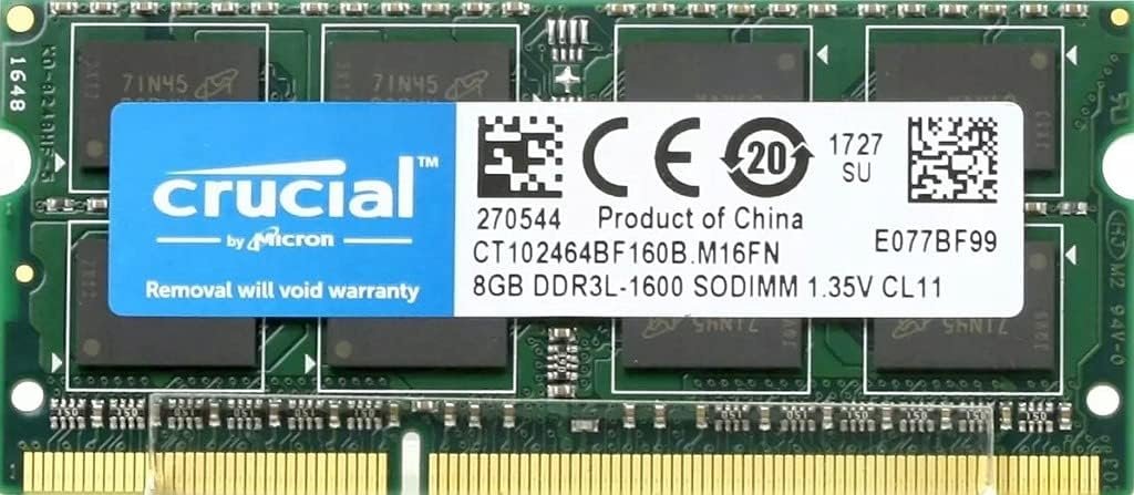 Crucial 8GB Single DDR3/DDR3L 1600 MT/S (PC3-12800) Unbuffered SODIMM 204-Pin Memory – CT102464BF160B