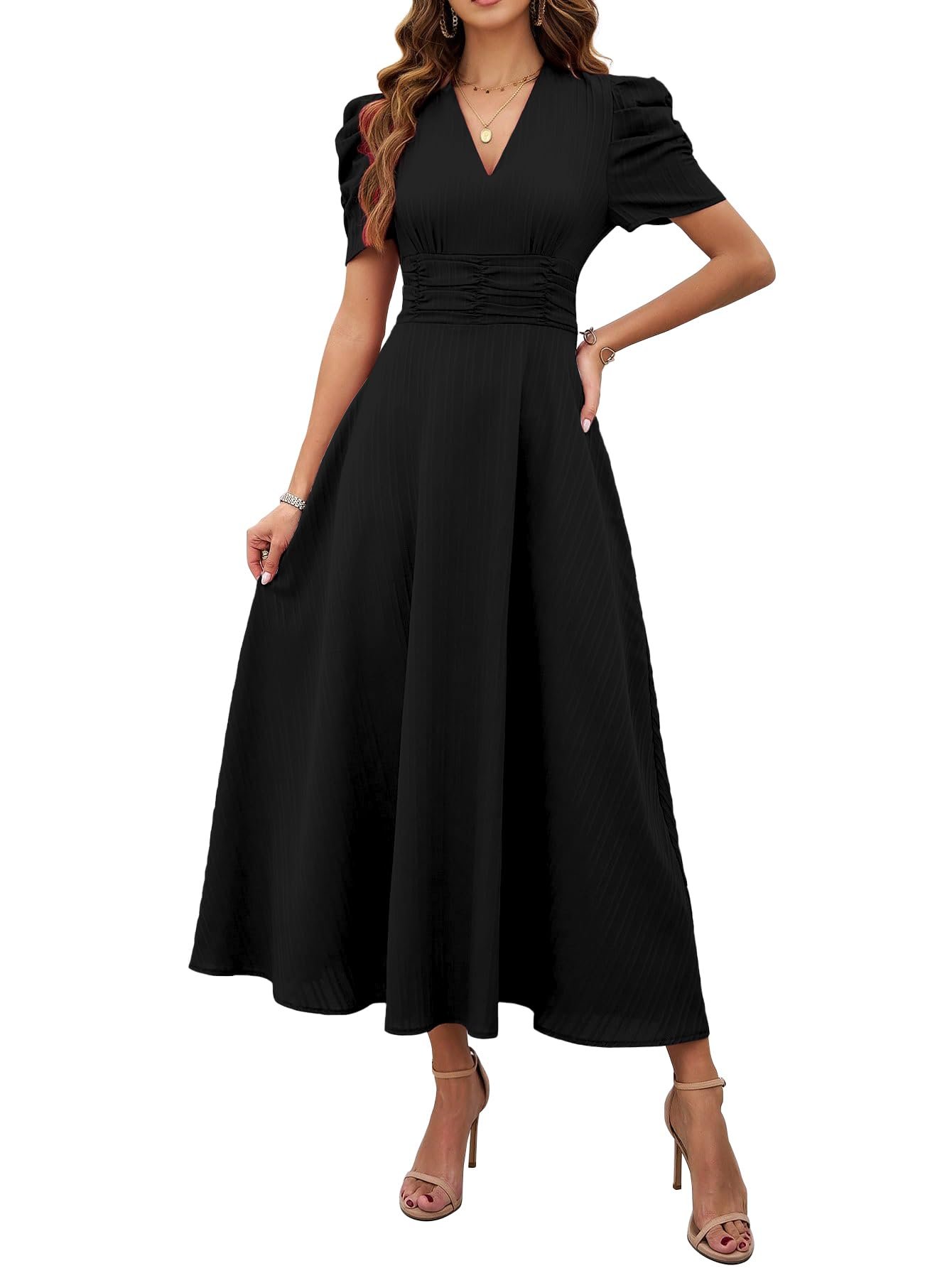 Shasmi Girl’s & Women’s Solid Color V-Neck A-Line Maxi Dress for Women | New Year Party Outfit | Waist Cinched Puff Sleeve Western | Elegant Casual Wear (Dress 246)