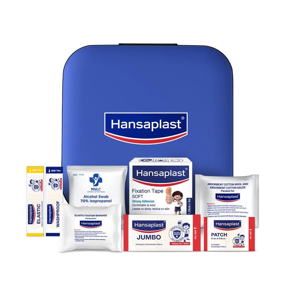 Hansaplast Fast Aid Kit for Wounds & Bruises | First Aid Kit | 9 Items – 35 Pieces | Emergency Medical Kit for Home, Office, Travel, Car, Sports, Outdoor, Multi-Use Pack for Cuts, Wounds & Injuries | Lightweight & Compact