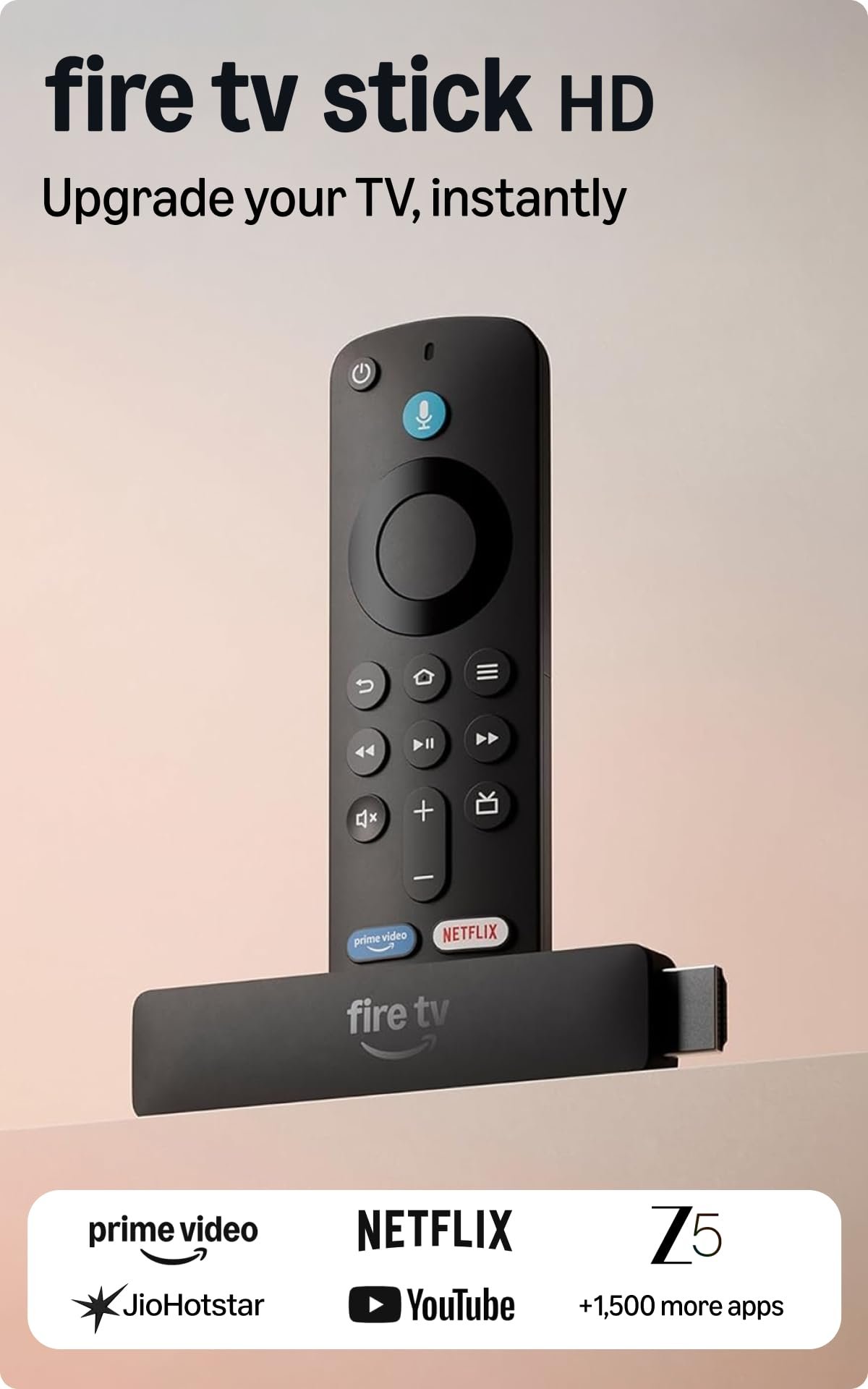 Amazon Fire TV Stick HD (newest model), our fastest HD stick yet, 1,500+ apps, smart voice search with Alexa+, directly powered by your TV