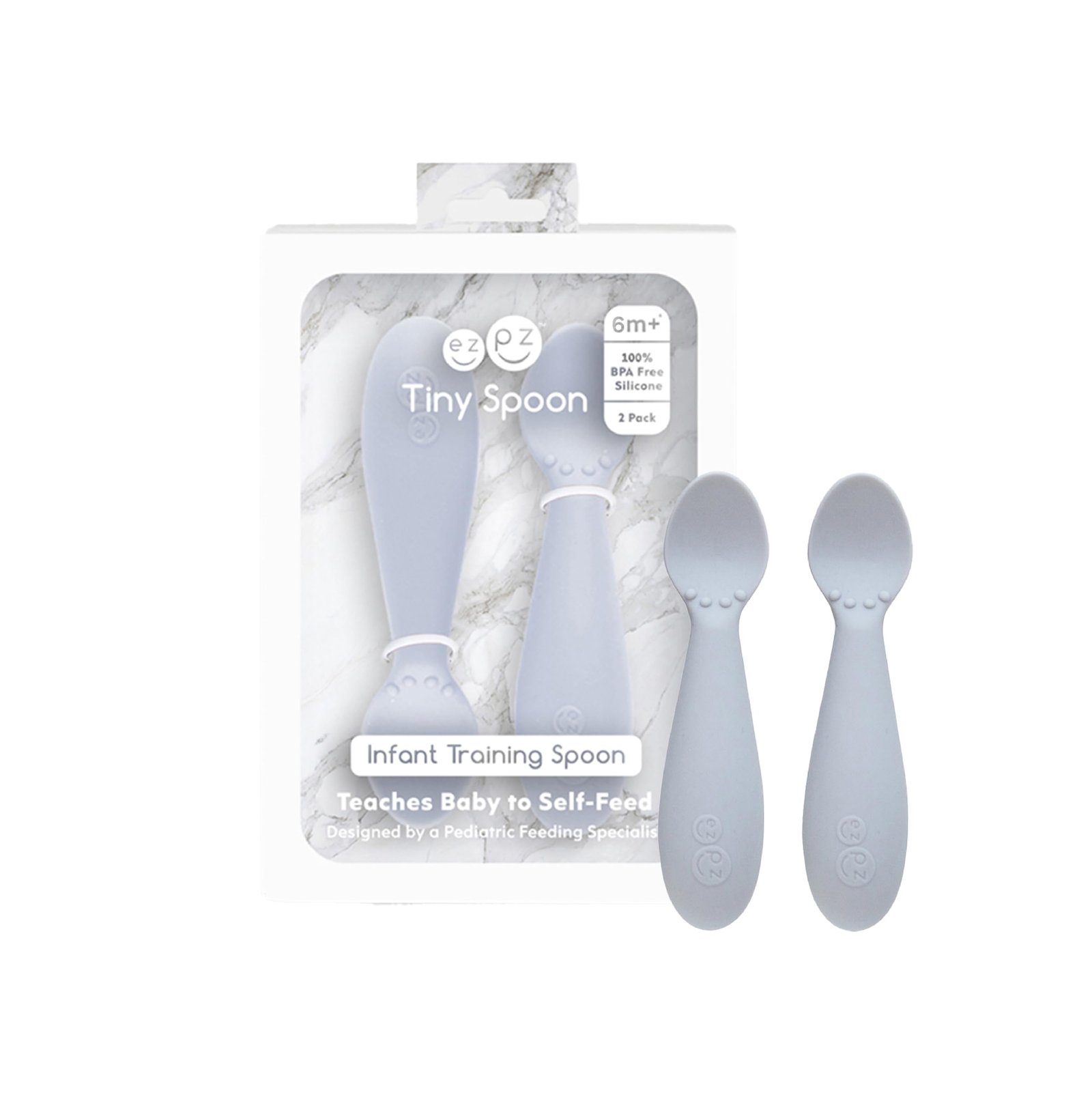 Ezpz Tiny Spoon – 100% Food Grade Silicone Self Feeding Spoon for Baby Led Weaning + Purees – Designed by a Pediatric Feeding Specialist – Sensory Bumps – Set of 2 Dip Spoons for 6 Months+ (Pewter)