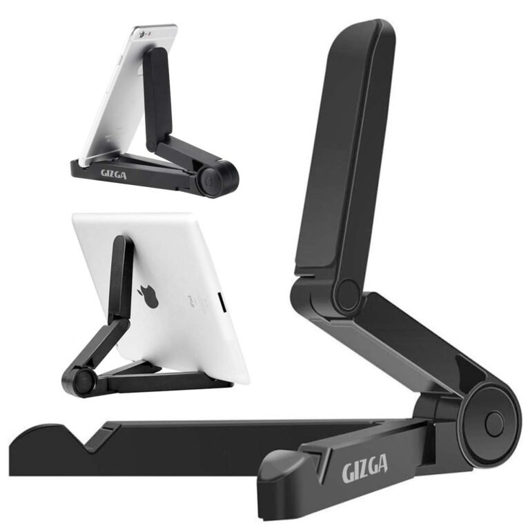 GIZGA ESSENTIALS Portable Tabletop Tablet Stand Mobile Holder, Desktop Stand, Cradle, Dock for iPad, Smartphone, Kindle, E-Reader, Fully Foldable, Adjustable Angle, Anti-Slip Pads, Black