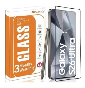 OpenTech® Military-Grade Gorilla Tempered Glass for Samsung Galaxy S26 Ultra with Fingerprint Unlock, Edge to Edge Coverage – Case Friendly, Anti-scratch and Bubble free installation kit