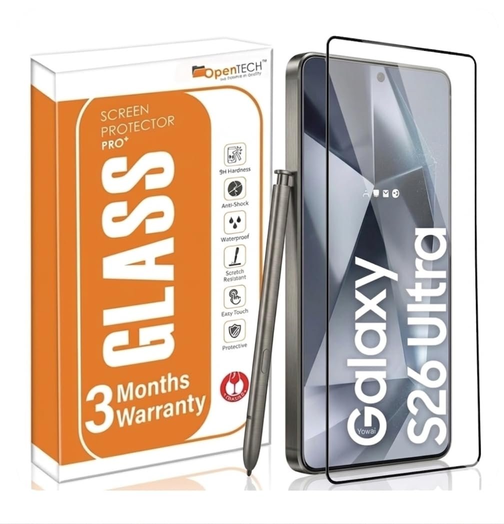 OpenTech® Military-Grade Gorilla Tempered Glass for Samsung Galaxy S26 Ultra with Fingerprint Unlock, Edge to Edge Coverage – Case Friendly, Anti-scratch and Bubble free installation kit
