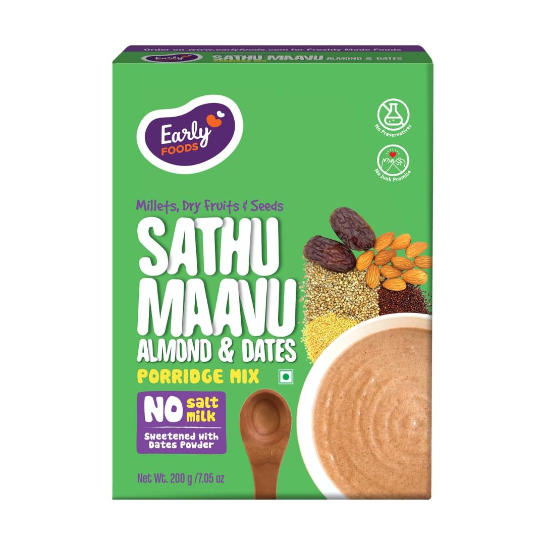 Early Foods – Sathu Maavu with Almonds & Dates | No added sugar, No Salt, No Milk Porridge Mix | 100% Natural Multigrain Millets & Ragi Cereal | 200g