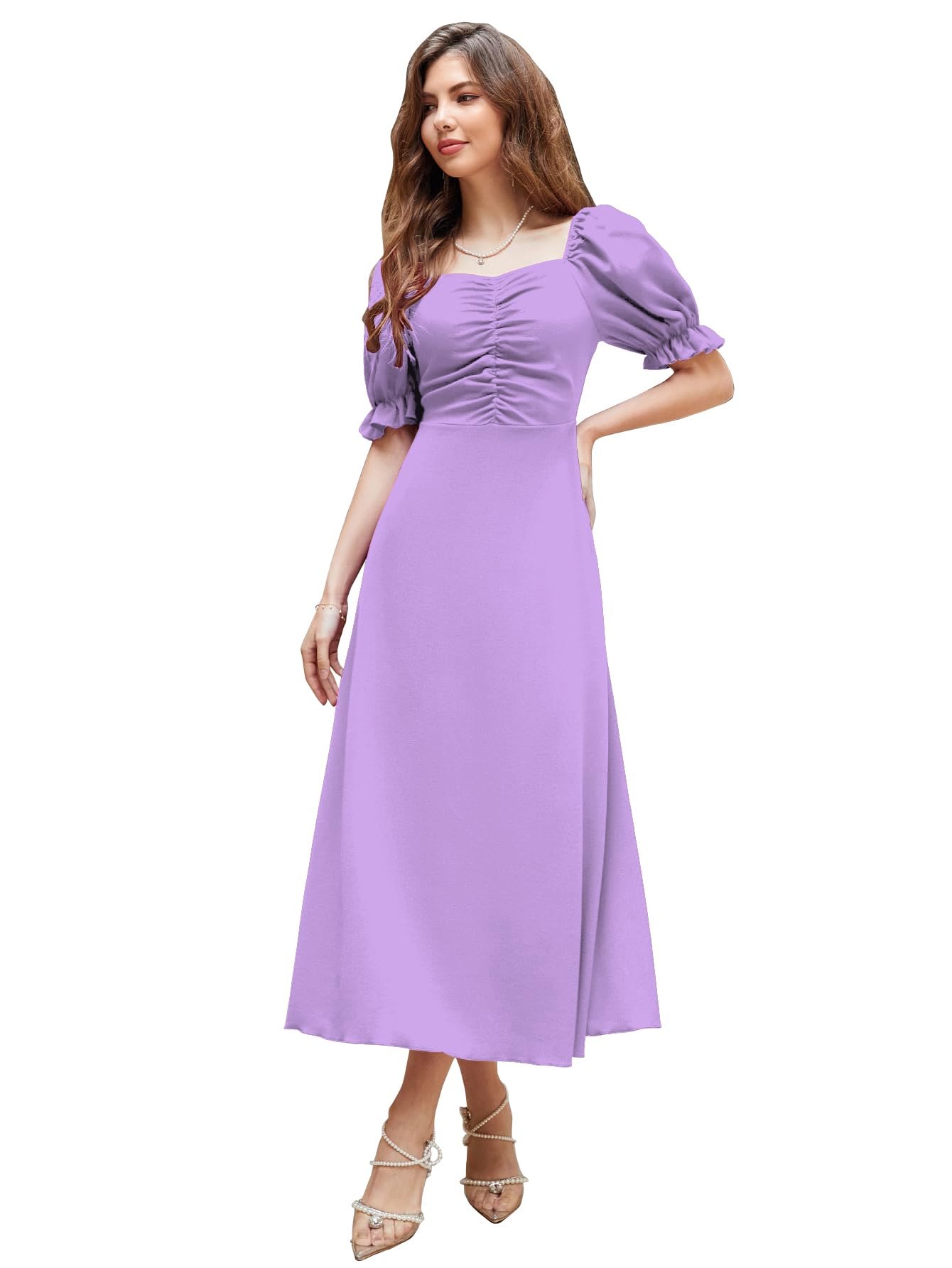 Shasmi Girl’s & Women’s Solid A-Line Ruched Puff Sleeve Maxi Long Evening One Piece Long Dress for Women Stylish (Dress 131)