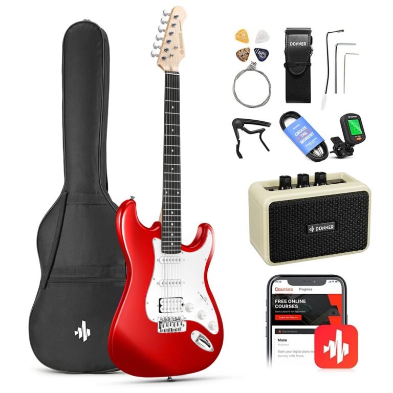 Donner Wood DST-102R Solid Body 39 Inch Full Size Electric Guitar Kit Red, Beginner Starter, with Amplifier, Bag, Capo, Strap, String, Tuner, Cable, Picks