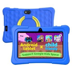 Kids Tablet, 7 Inch Android 15 Tablet for Kids, 8GB+32GB 1TB Expanding, Quad Core Toddler Tablets with Shockproof Case, BT5.0, WiFi 5, Parental Controls, Games, Dual Camera (Blue)