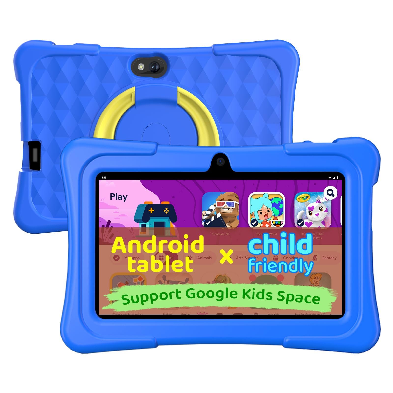 Kids Tablet, 7 Inch Android 15 Tablet for Kids, 8GB+32GB 1TB Expanding, Quad Core Toddler Tablets with Shockproof Case, BT5.0, WiFi 5, Parental Controls, Games, Dual Camera (Blue)