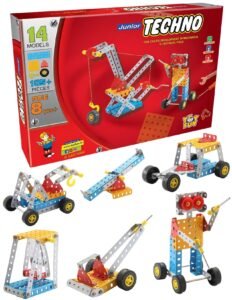 SARTHAM Junior Techno, 8 to 12 Years, DIY Educational kit, Engineering Tool kit Toy, 1 Set STEM Learning Metal Toy, Gift for 8+ Year Old boy and Girl, 105+ Pieces Puzzle and 14 Models | Multicolour