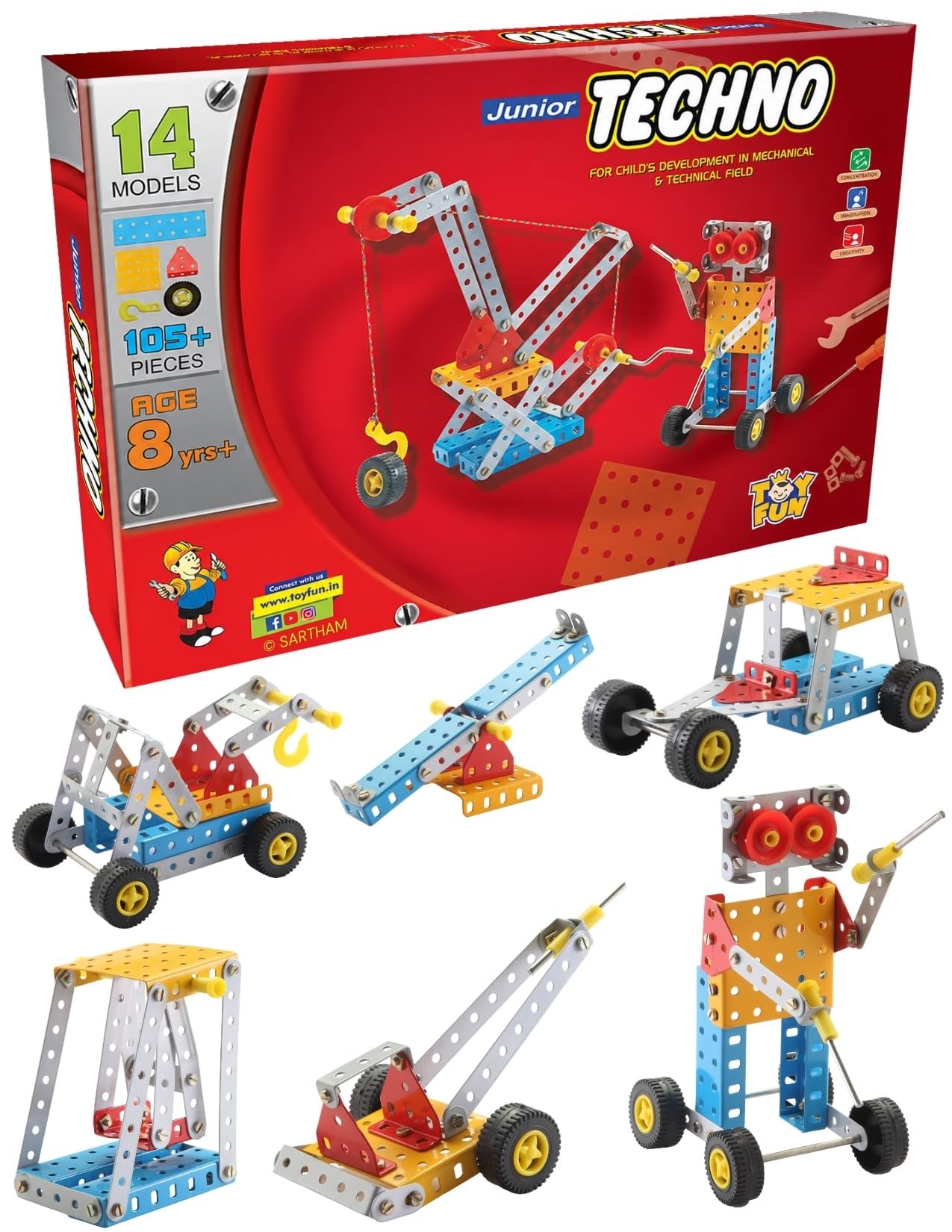 SARTHAM Junior Techno, 8 to 12 Years, DIY Educational kit, Engineering Tool kit Toy, 1 Set STEM Learning Metal Toy, Gift for 8+ Year Old boy and Girl, 105+ Pieces Puzzle and 14 Models | Multicolour