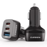 Ambrane 84W Triple Output Fast Car Charger with 2 Type-C & 1 USB, 33W Type C Charging with PD Technology, Fast Charging Adapter Compatible with Cars for iPhone & Android Smartphones (Charge C84,Black)