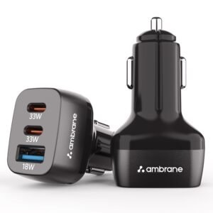 Ambrane 84W Triple Output Fast Car Charger with 2 Type-C & 1 USB, 33W Type C Charging with PD Technology, Fast Charging Adapter Compatible with Cars for iPhone & Android Smartphones (Charge C84,Black)