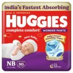 Huggies Complete Comfort Wonder Pants | Pant Style Baby Diapers Newborn Size (NB/XS), 90 Count | India’s Fastest Absorbing Diaper, Prevents Diaper Rash, Ideal for 0-5 Kgs