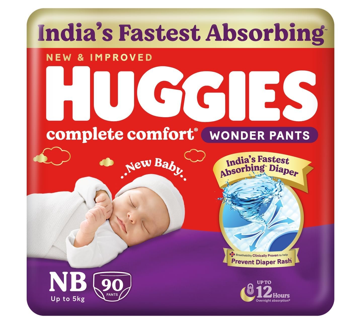 Huggies Complete Comfort Wonder Pants | Pant Style Baby Diapers Newborn Size (NB/XS), 90 Count | India’s Fastest Absorbing Diaper, Prevents Diaper Rash, Ideal for 0-5 Kgs