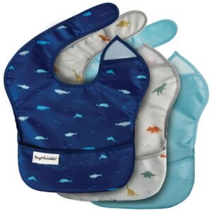 Tiny Twinkle Mess Proof Baby Bib – Waterproof Bib for Baby Boy or Girl – Machine Washable – Adjustable Side Closure – PVC, BPA, & Phthalate Free – Great for Travel – Baby Food Bibs 3 Pack Sea and Dino